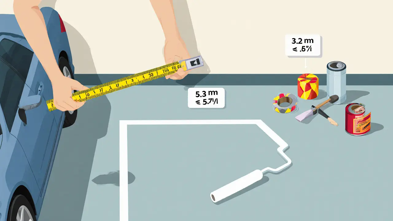 Человек измеряет гараж, рядом — меловая разметка, краска и лента для разметки.