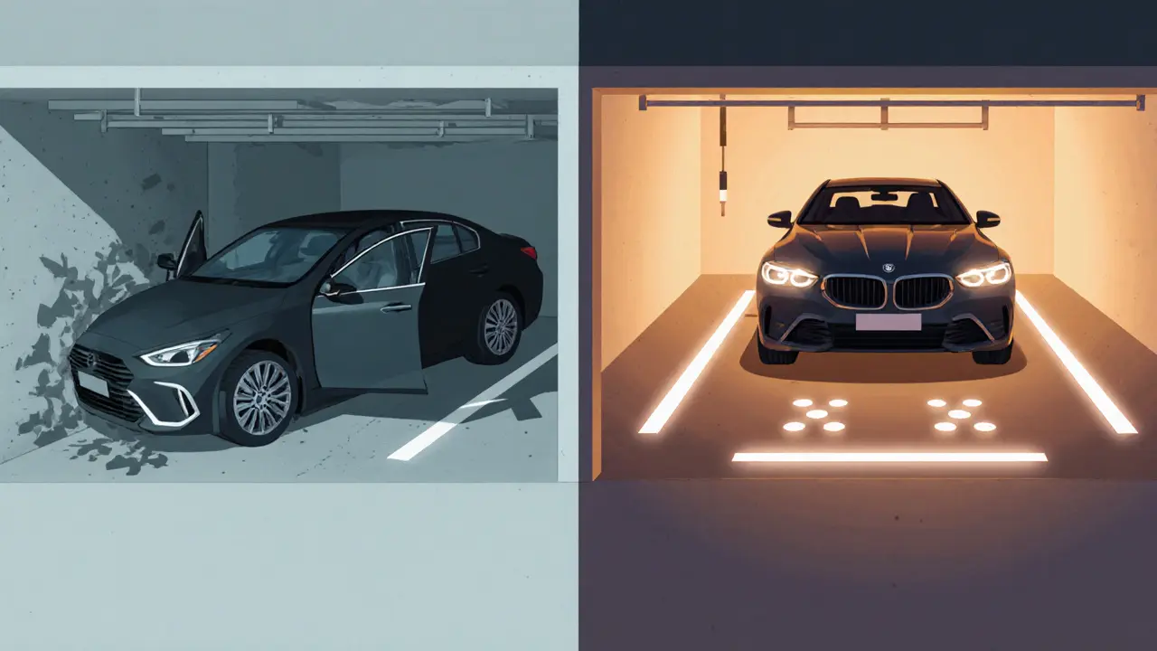 Сравнение: машина у стены слева и правильно припаркованная справа с подсветкой линий.