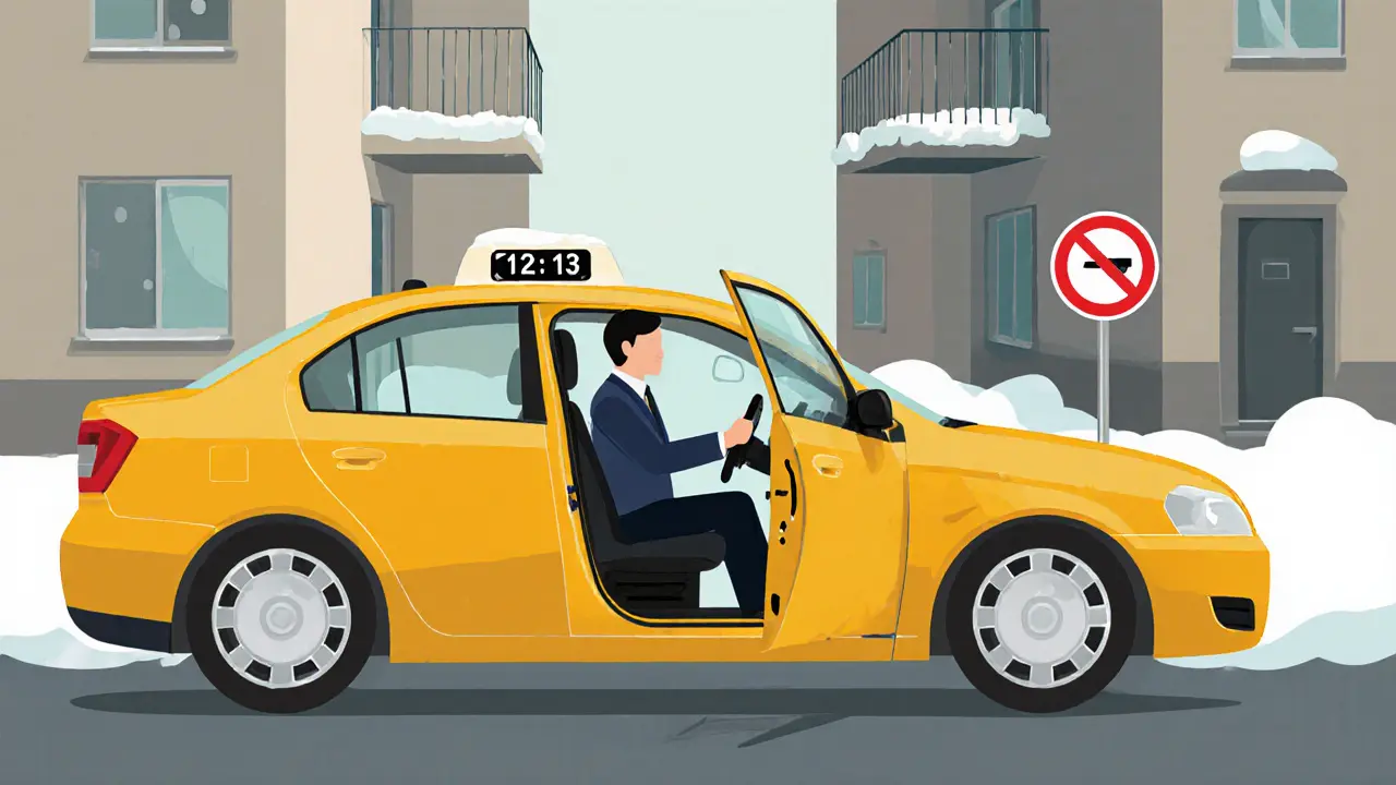 Водитель такси сажает пассажира у подъезда, не выходя из машины, в дворе.