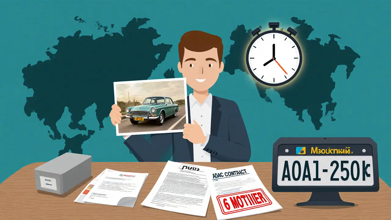 Человек сравнивает старую фотографию автомобиля с официальными документами на столе