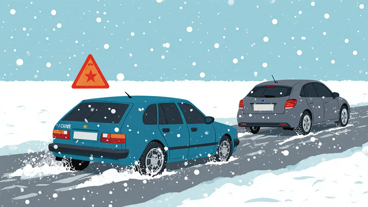 Машина с китайскими зимними шинами скользит на льду, рядом — безопасно остановившаяся с европейскими