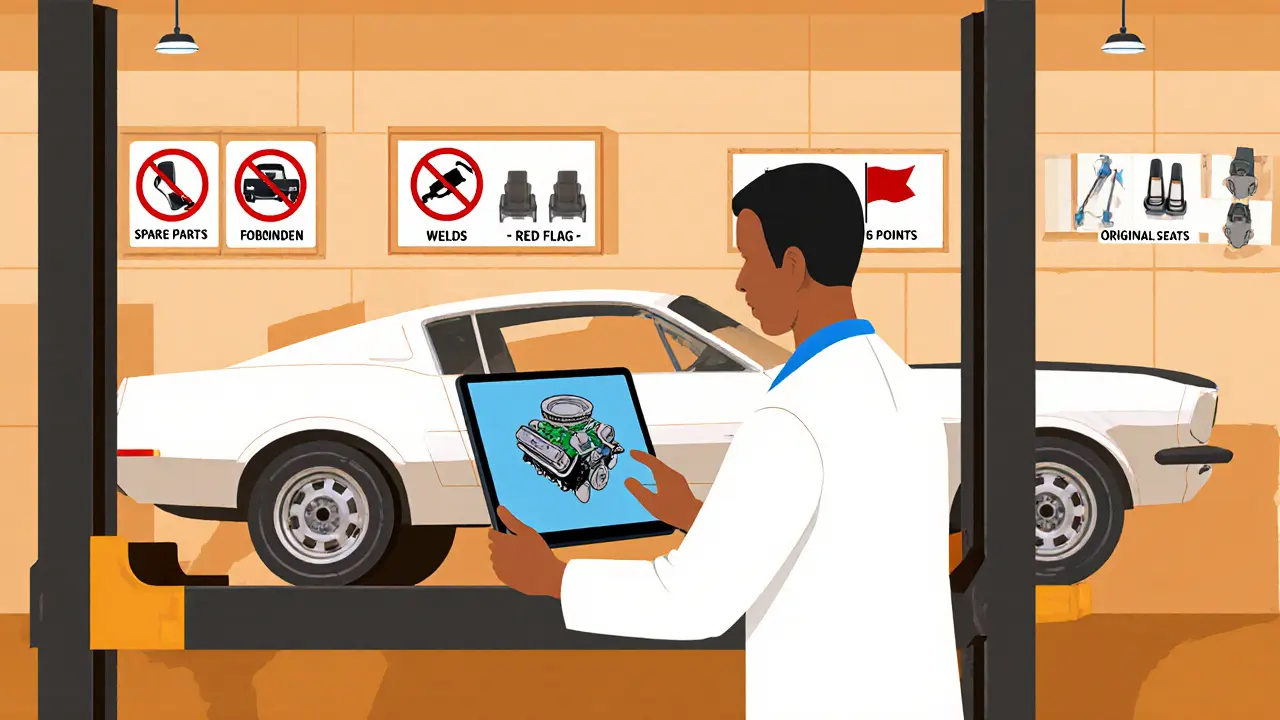 Механик проверяет двигатель классического авто с помощью цифровой модели на планшете