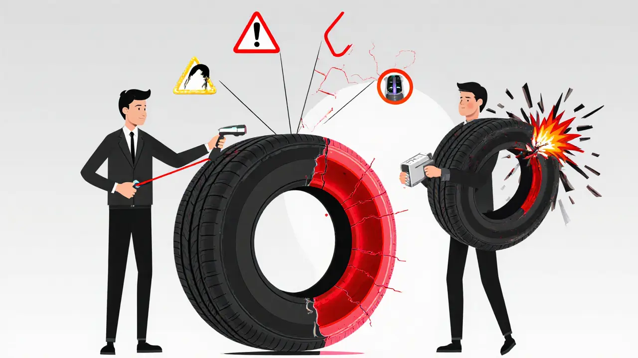 Скрытые трещины и грыжа внутри шины, видимые только при профессиональной диагностике.