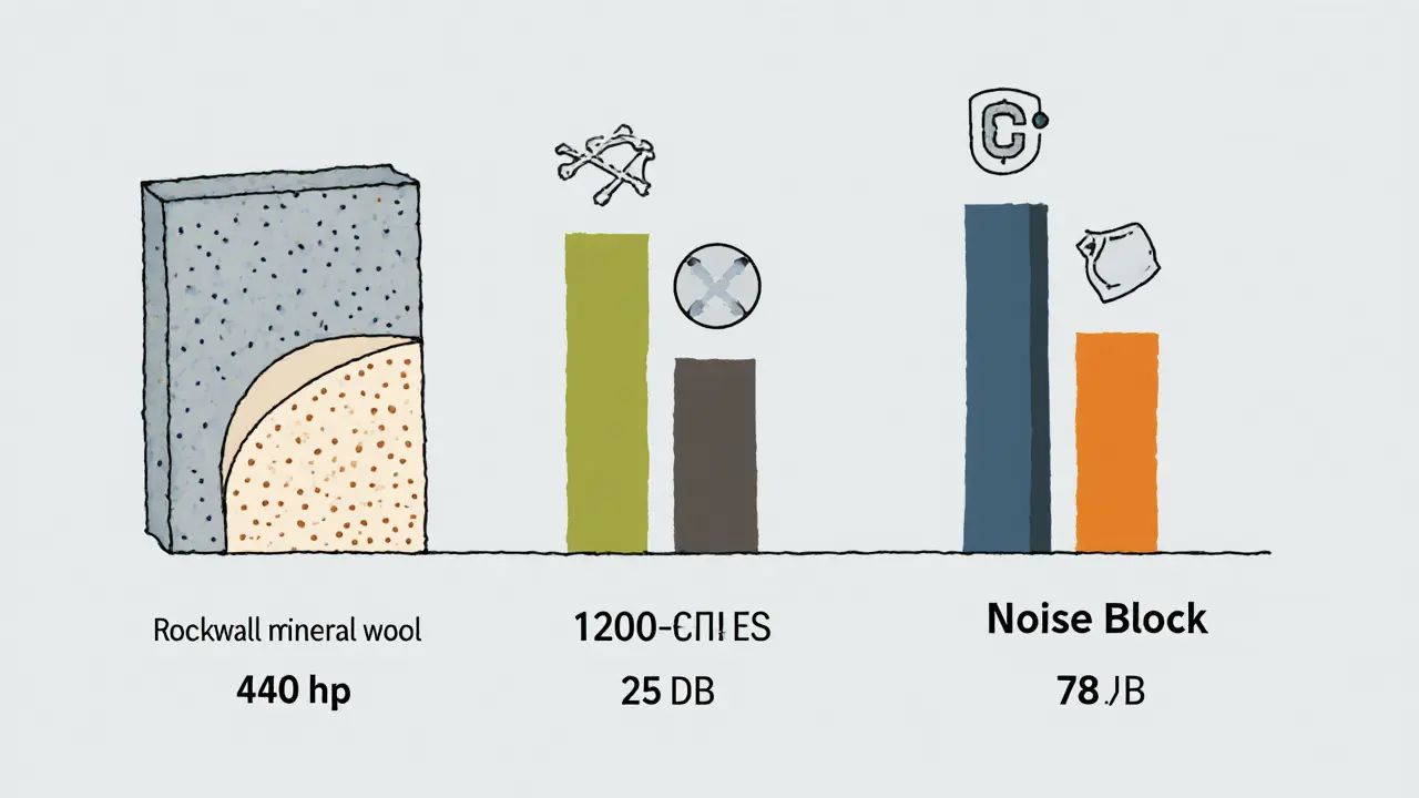 Сравнение эффективности и цены материалов для шумоизоляции в виде иконок и столбиков.