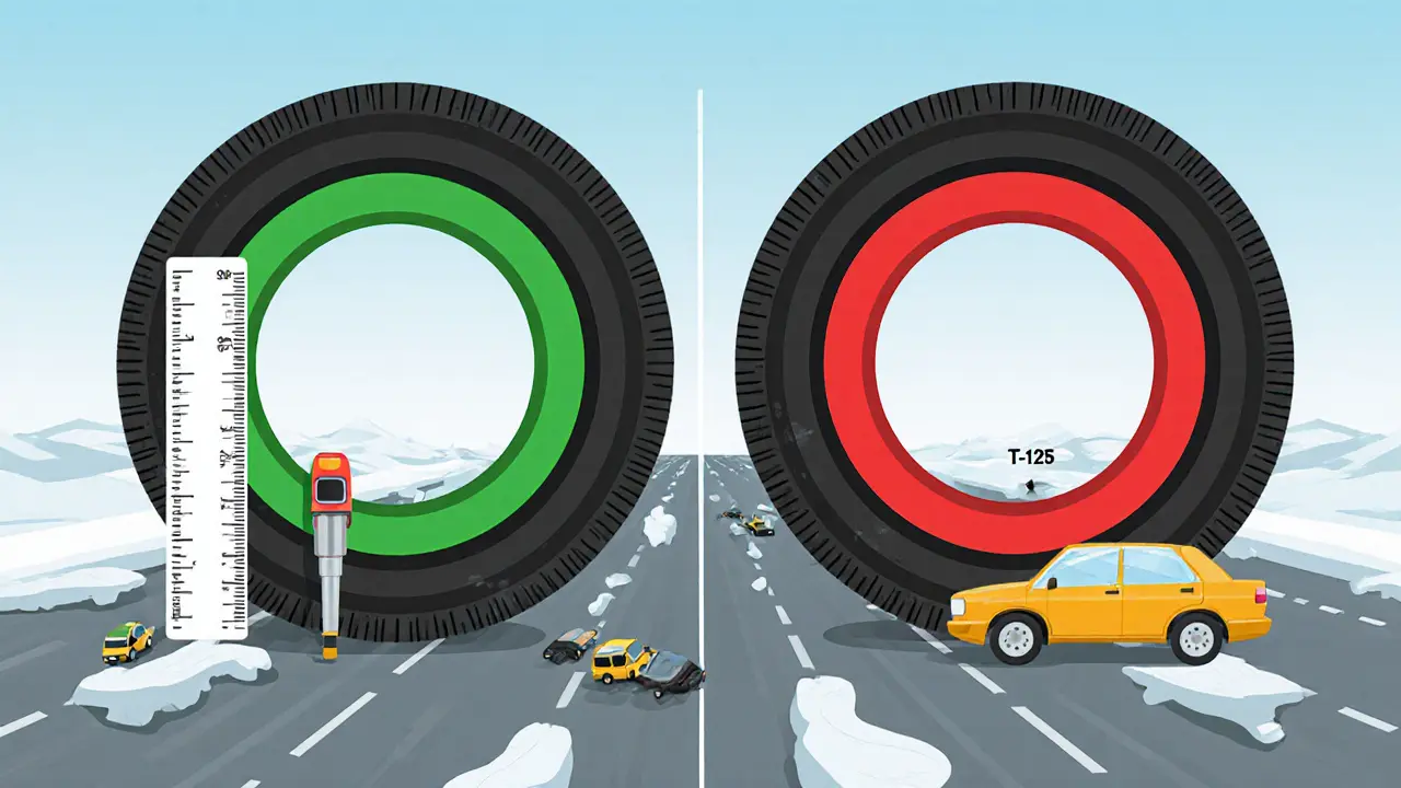 Сравнение глубины протектора: безопасные 4 мм и опасные 1,6 мм на ледяной дороге.