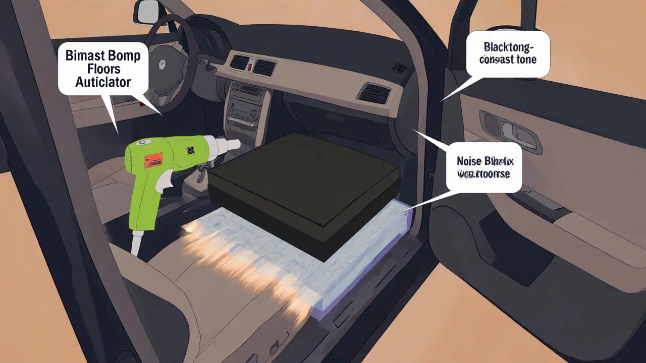 Трёхслойная звукоизоляция салона автомобиля с инструментами для монтажа.