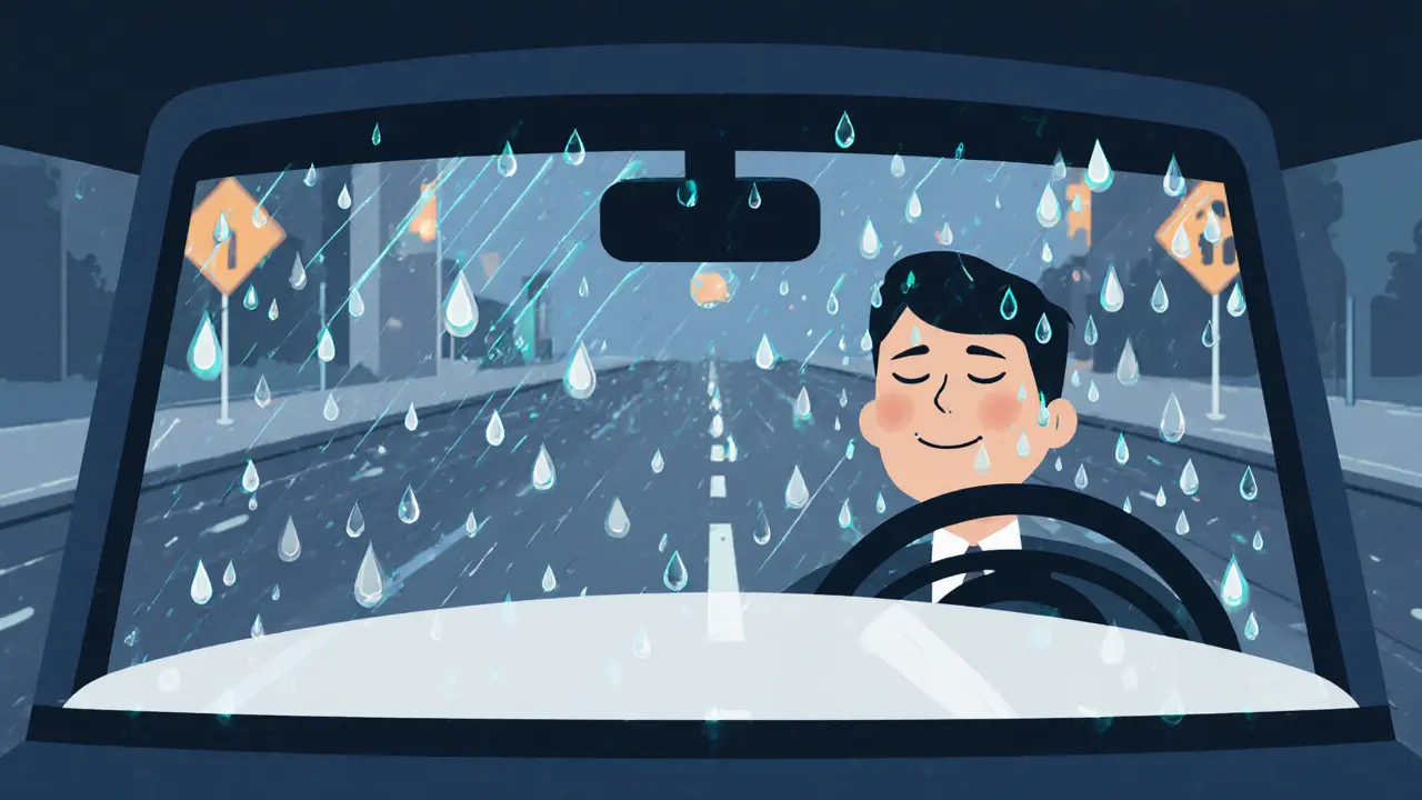 Лобовое стекло в сильный дождь — капли мгновенно убегают, водитель спокоен за рулём.