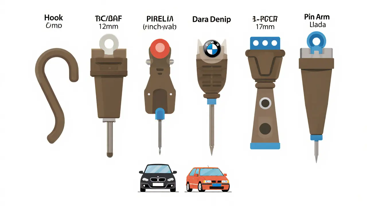 Пять типов креплений щеток стеклоочистителя с силуэтами автомобилей