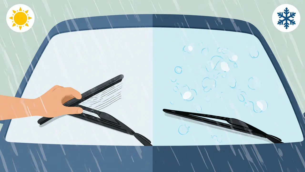 Замена щетки стеклоочистителя: старая с полосами и новая с идеальной очисткой