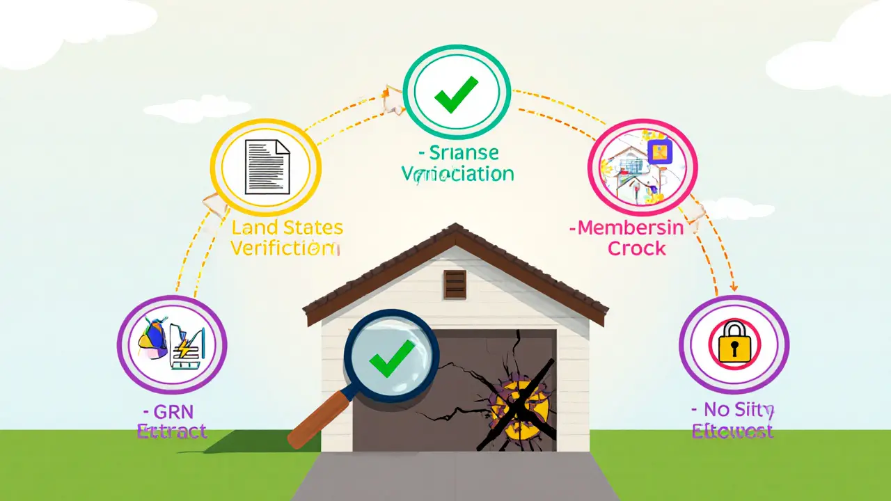Иллюстрация с пятью шагами проверки гаража перед покупкой, каждая с иконкой и зелёной галочкой.