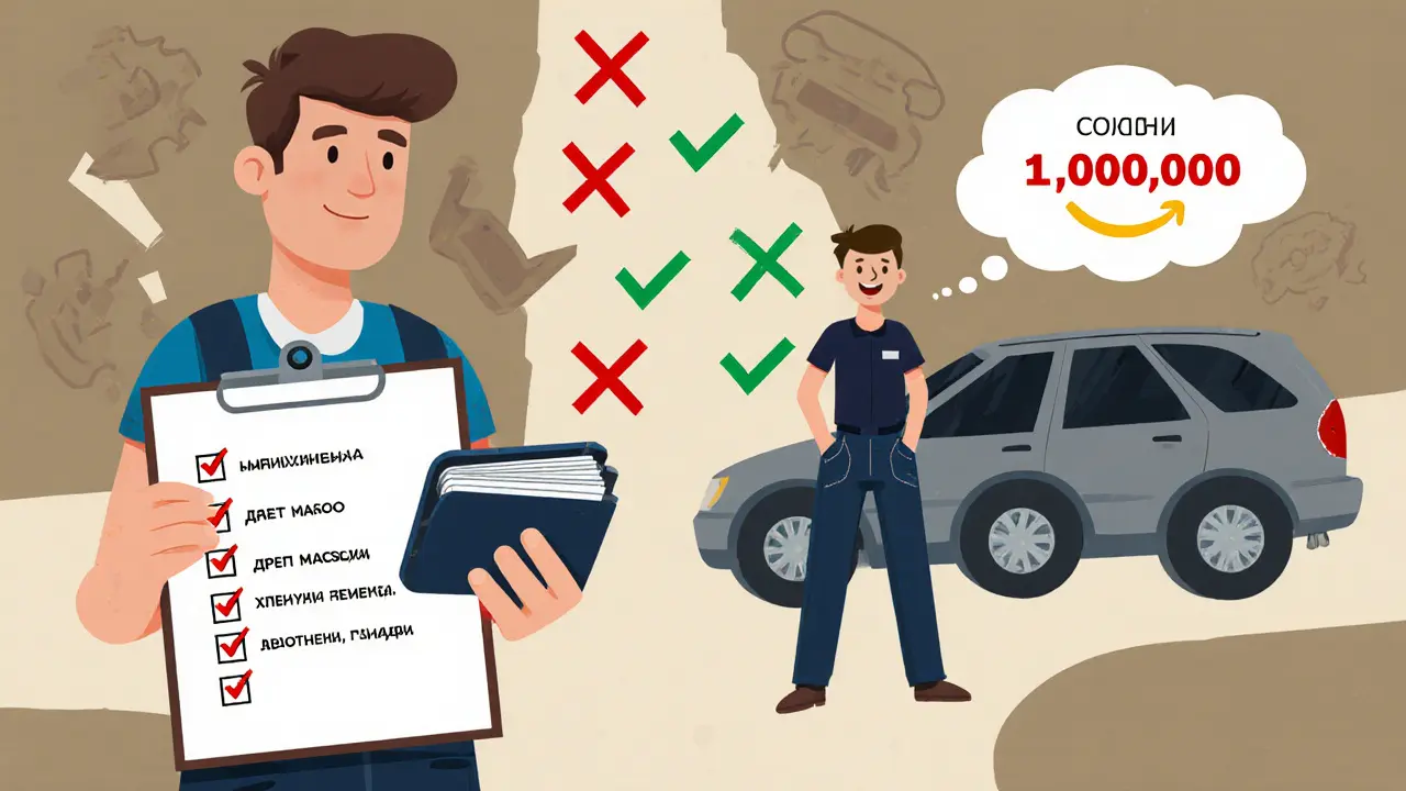 Механик проверяет автомобиль, а покупатель сравнивает затраты на ремонт и покупку новой машины.