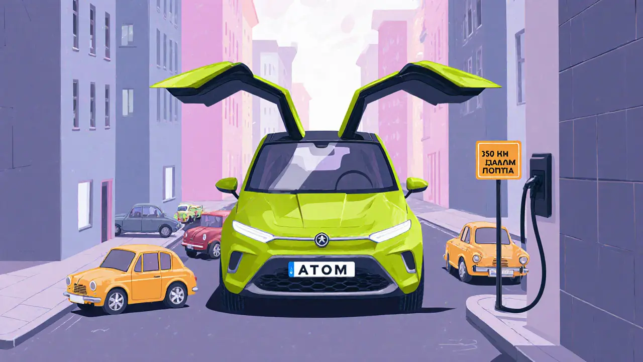 Необычный электромобиль &#039;Атом&#039; с распашными дверями в узкой российской улице с зарядкой.