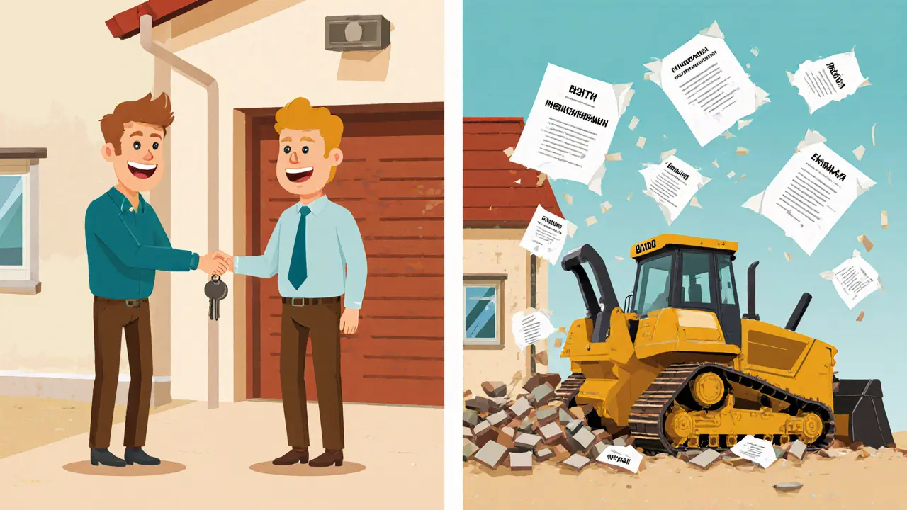 Разделённая сцена: с одной стороны — покупка гаража, с другой — его снос из-за неправильных документов.