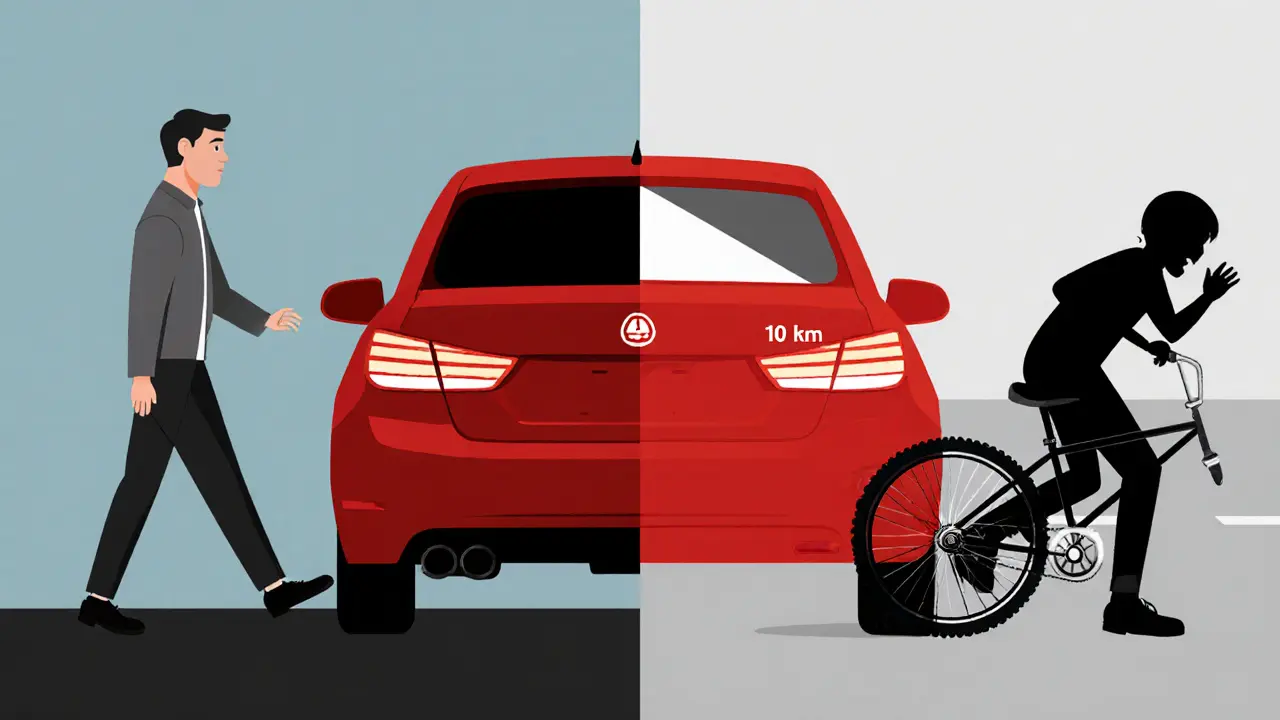 Сравнение: водитель быстро движется задом — и ребенок на велосипеде попадает под колеса.