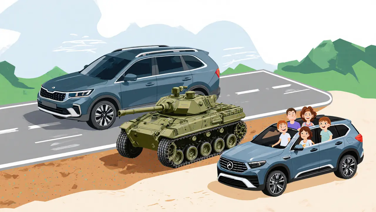 Три новых автомобиля 2025 года: Omoda C7, Tank 400 и Jetour T1 на дороге с разными поверхностями.