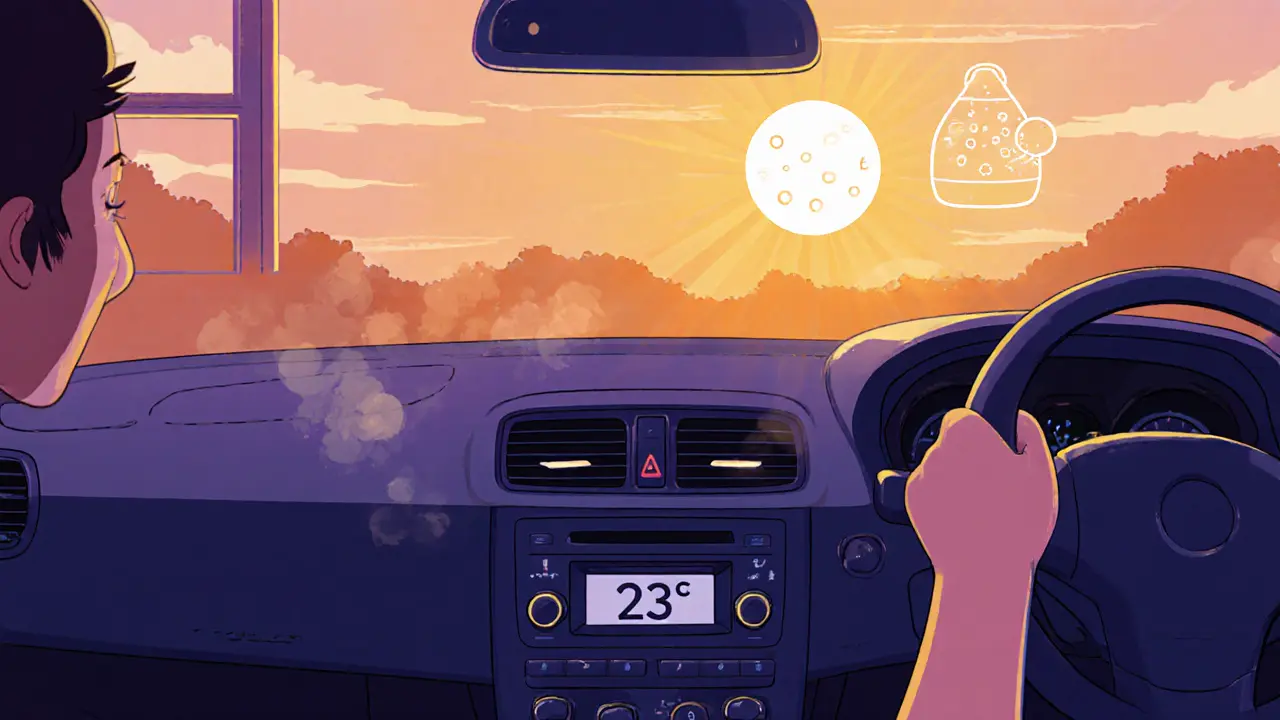 Водитель в машине, аккуратно настраивающий кондиционер без прямого потока воздуха на лицо.