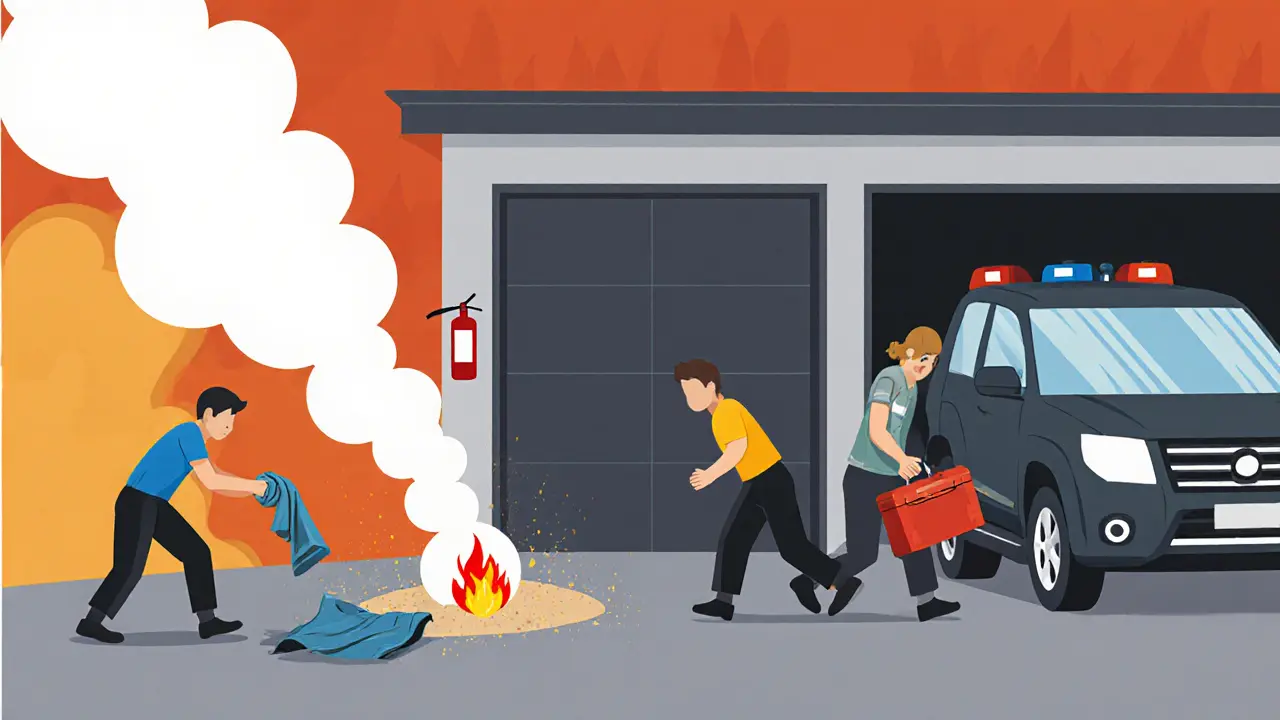 Человек тушит огонь песком и брезентом в гараже, другая личность выводит машину наружу во время пожара.
