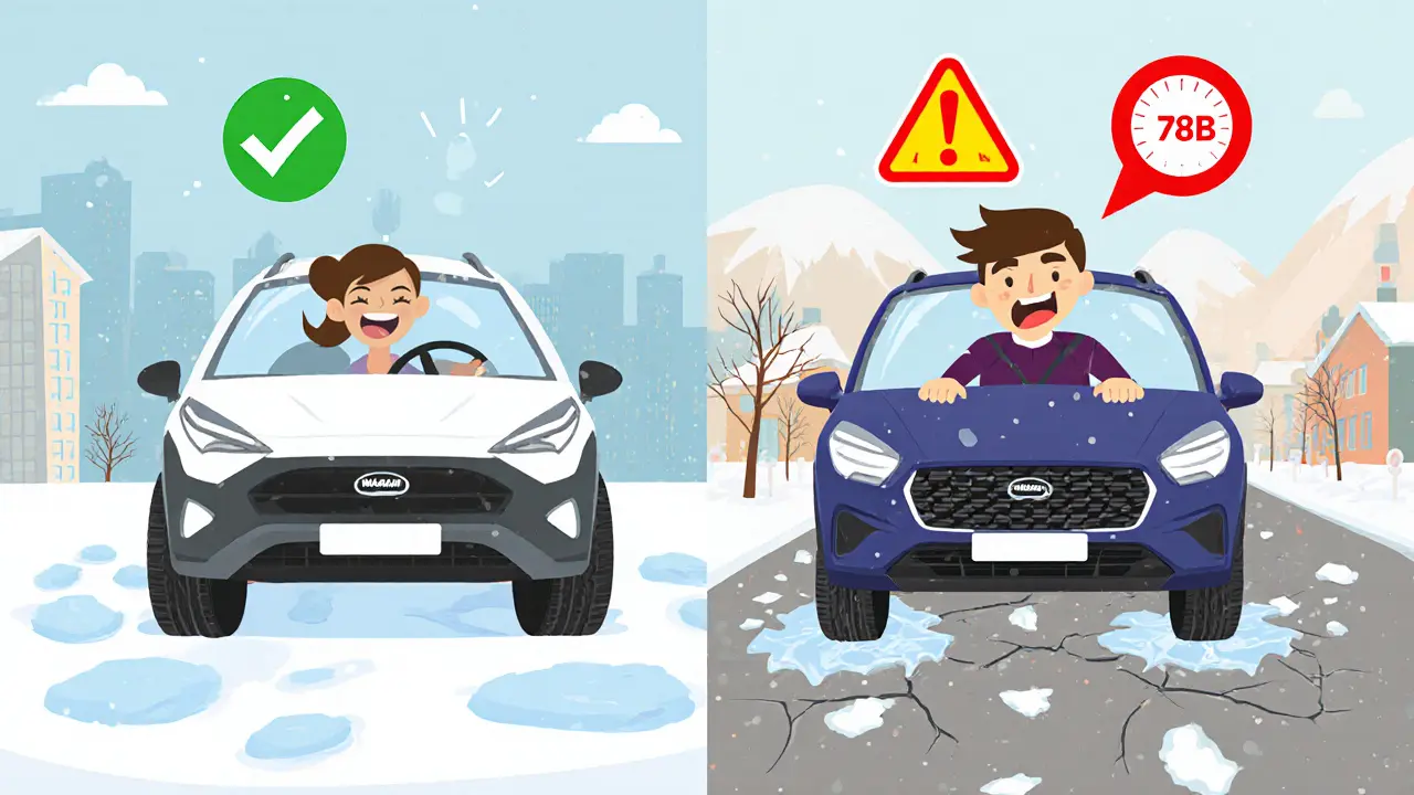 Два водителя: один спокоен с хорошими шинами, другой в панике с изношенными и шумными.