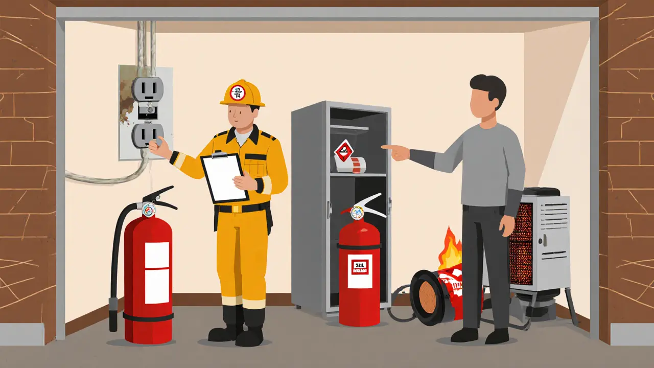 Инспектор проверяет розетку и огнетушитель в гараже, рядом лежит запрещённый самодельный обогреватель.