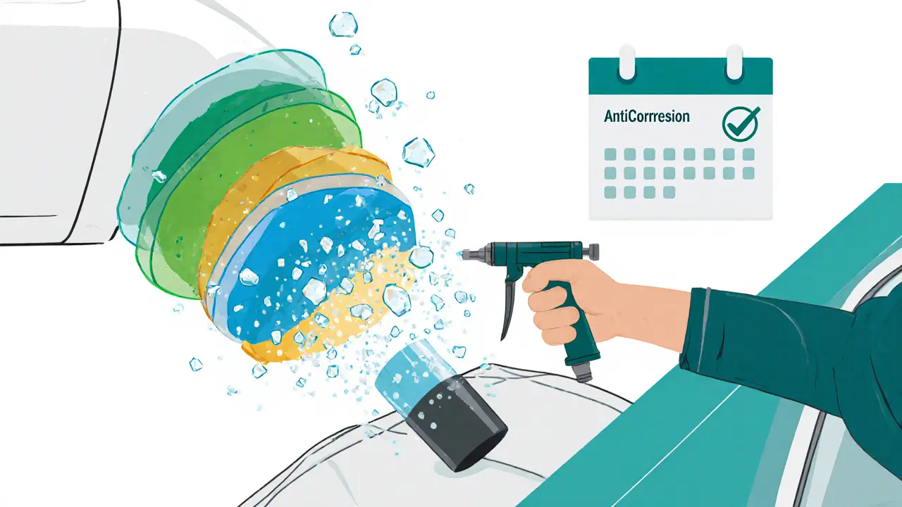 Механик наносит керамическое покрытие на днище автомобиля, соль отскакивает.