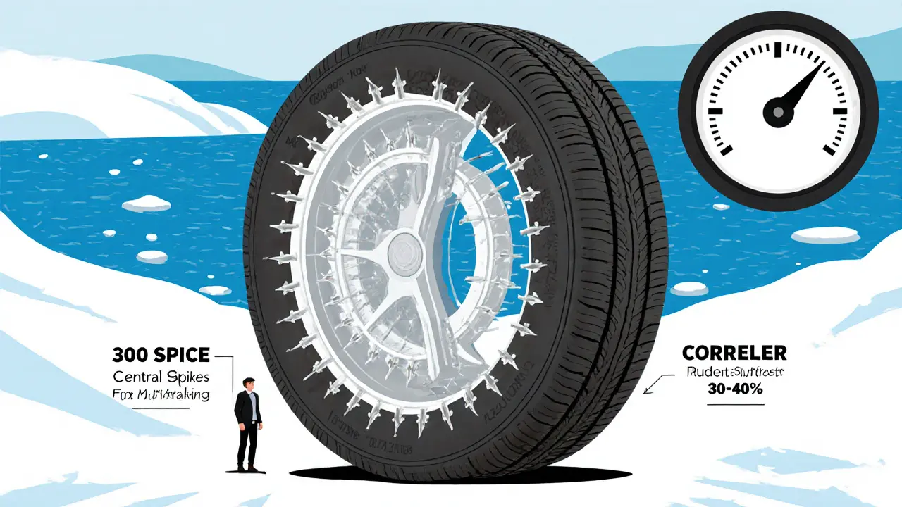 Разрез зимней шины с 300 шипами, выделены центральные и боковые зоны, температура -40°C.