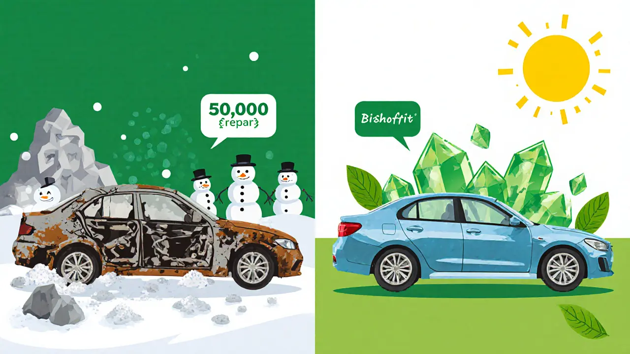 Сравнение: ржавая машина слева и защищенная — справа, с экологичными реагентами.