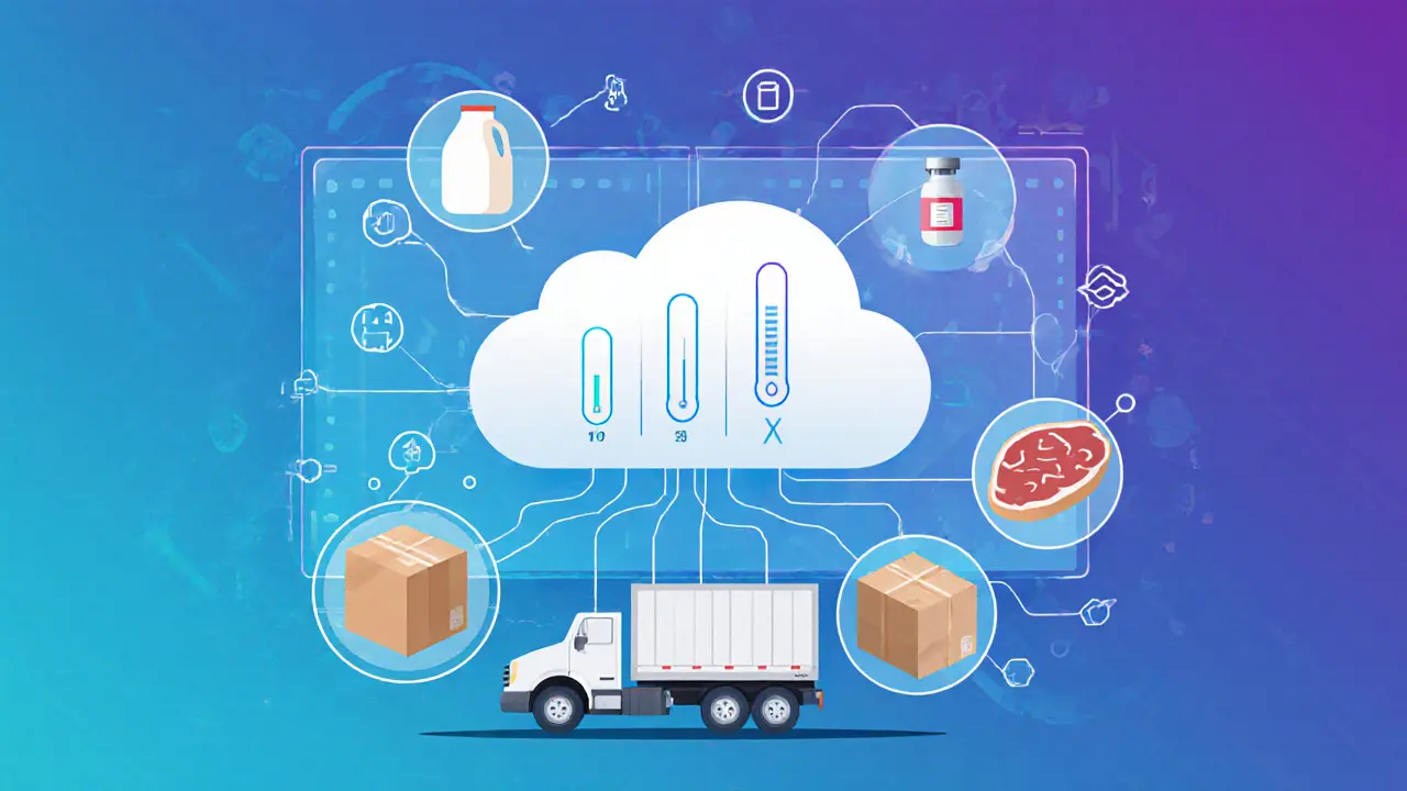 Цифровая панель с реальным мониторингом температуры грузов в облаке, соединённых с продуктами: вакцинами, молоком и мясом.