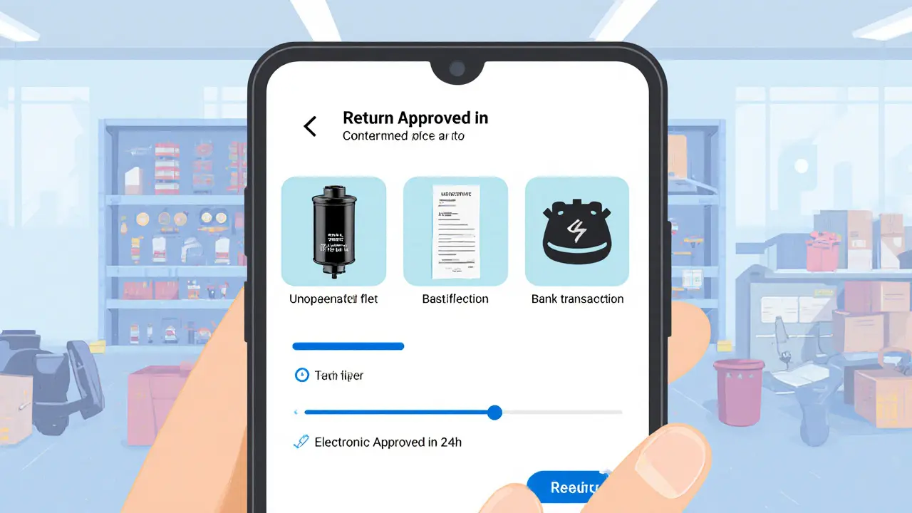 Пользователь оформляет возврат через мобильное приложение с фото и электронной подписью.