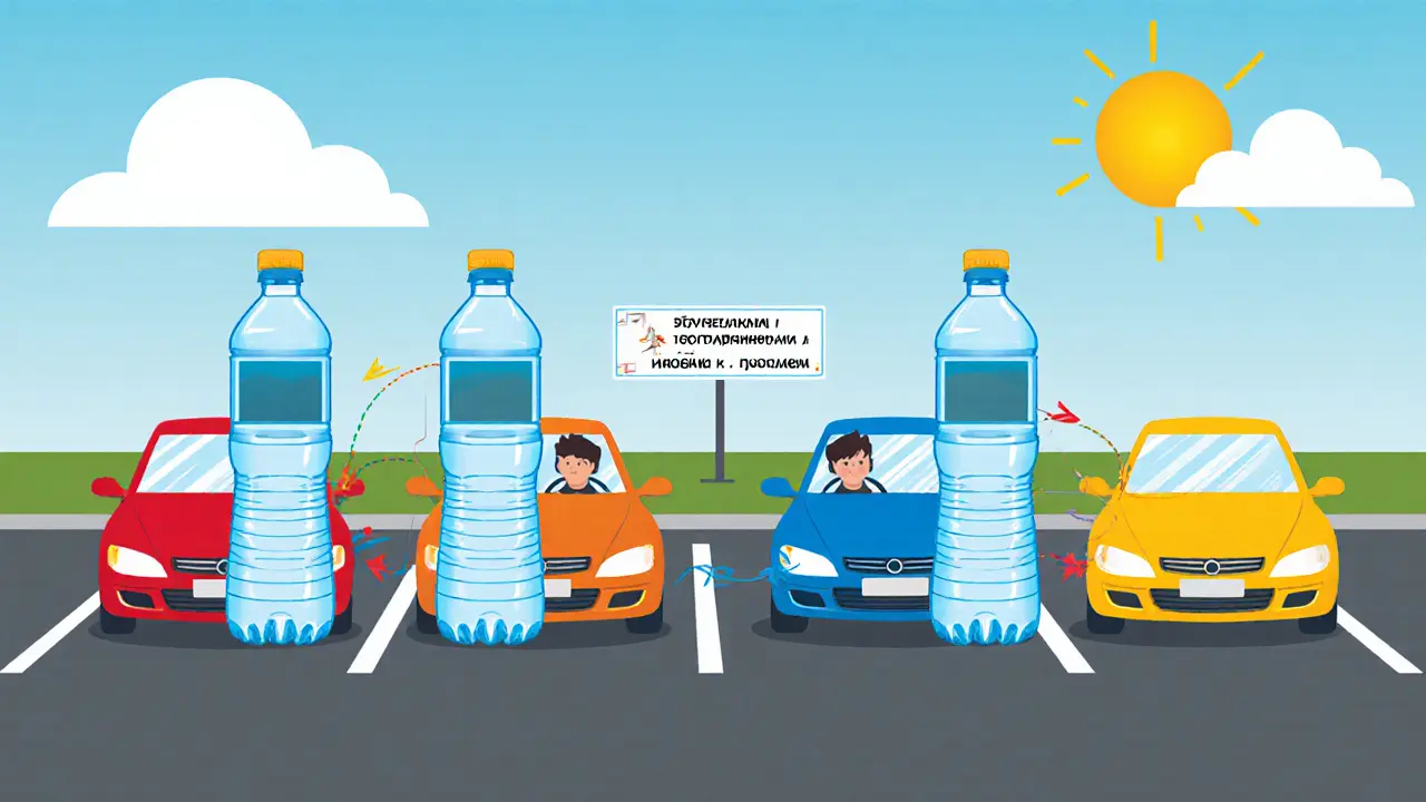 Практика парковки задним ходом в пустом паркинге с бутылками как препятствиями, с указателями обзора.