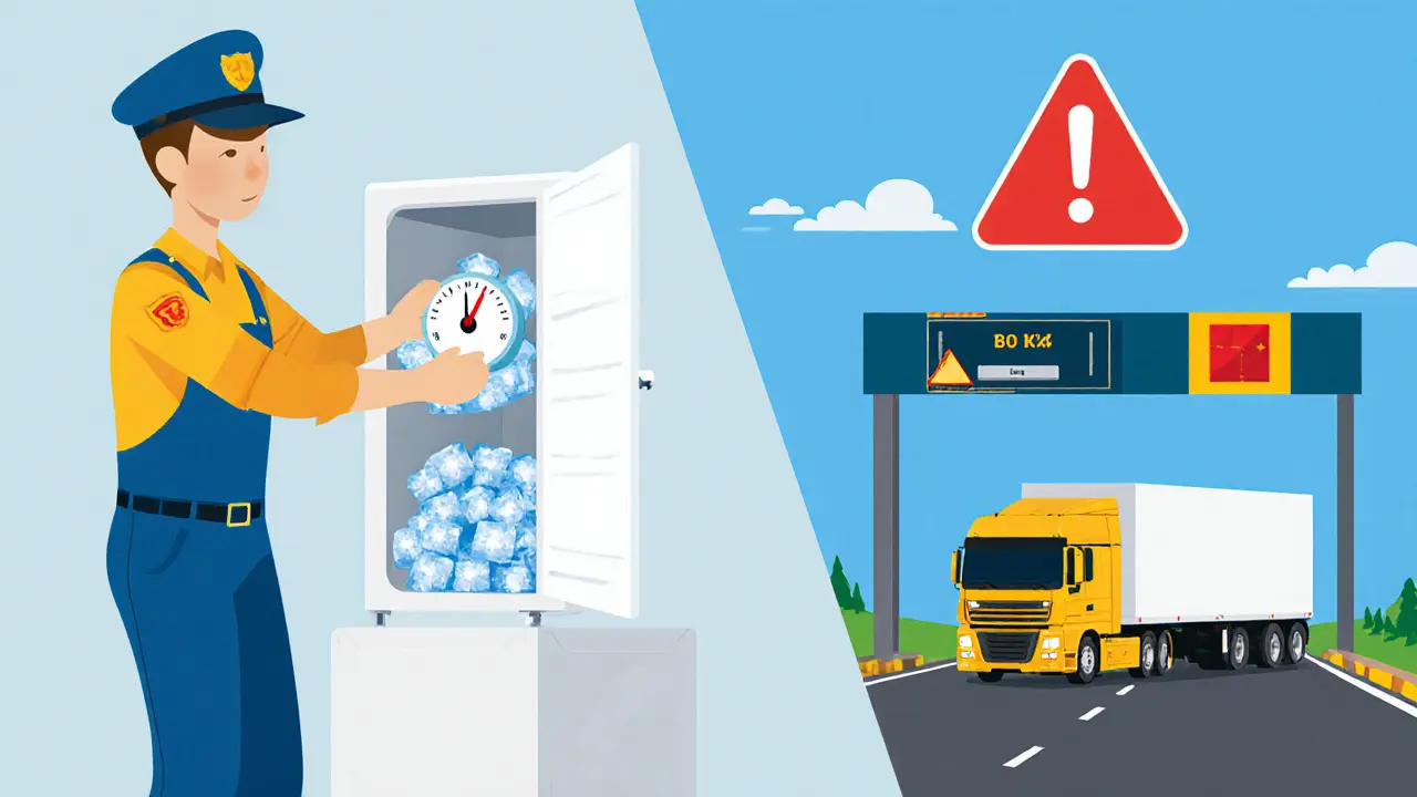 Работник упаковывает термоконтейнер с хладоэлементами, рядом — грузовик на границе с предупреждением о перегреве.