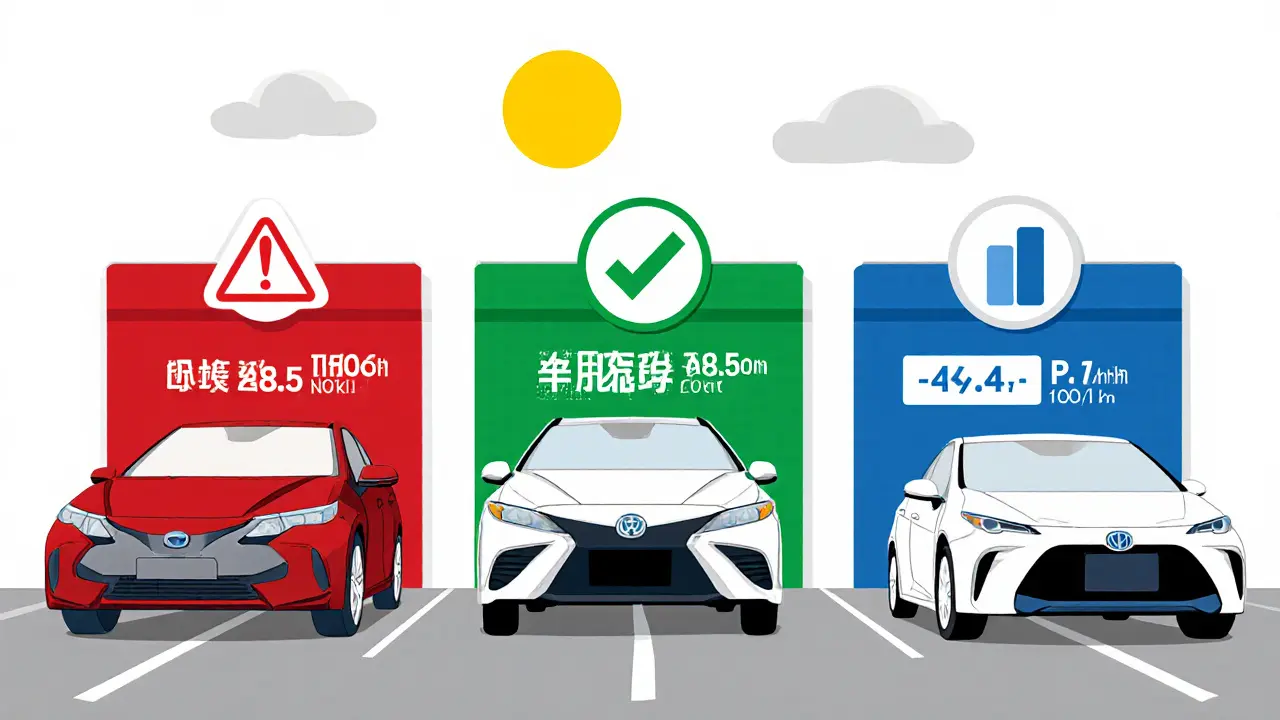 Сравнение трех гибридных седанов по расходу топлива: Chery, Honda и Toyota с визуальными индикаторами эффективности.