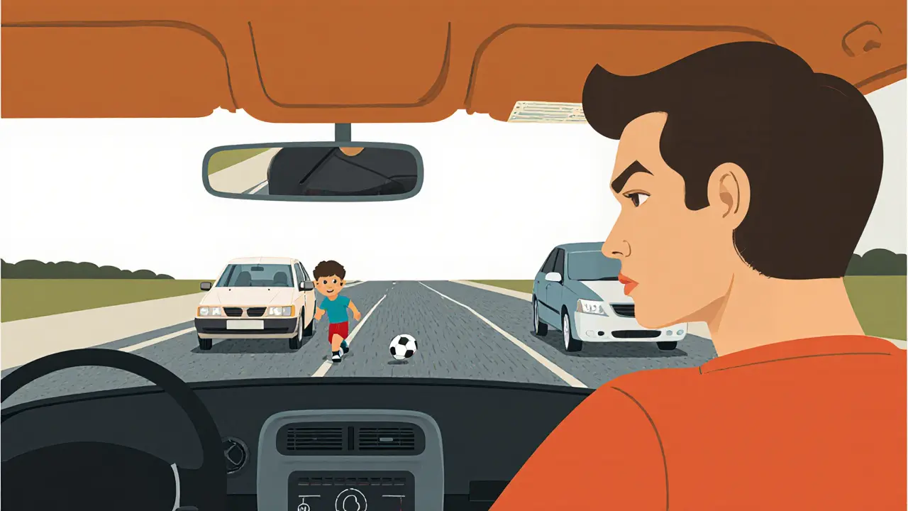 Водитель поворачивает голову через правое плечо, чтобы увидеть ребенка, бегущего за мячом рядом с машиной.
