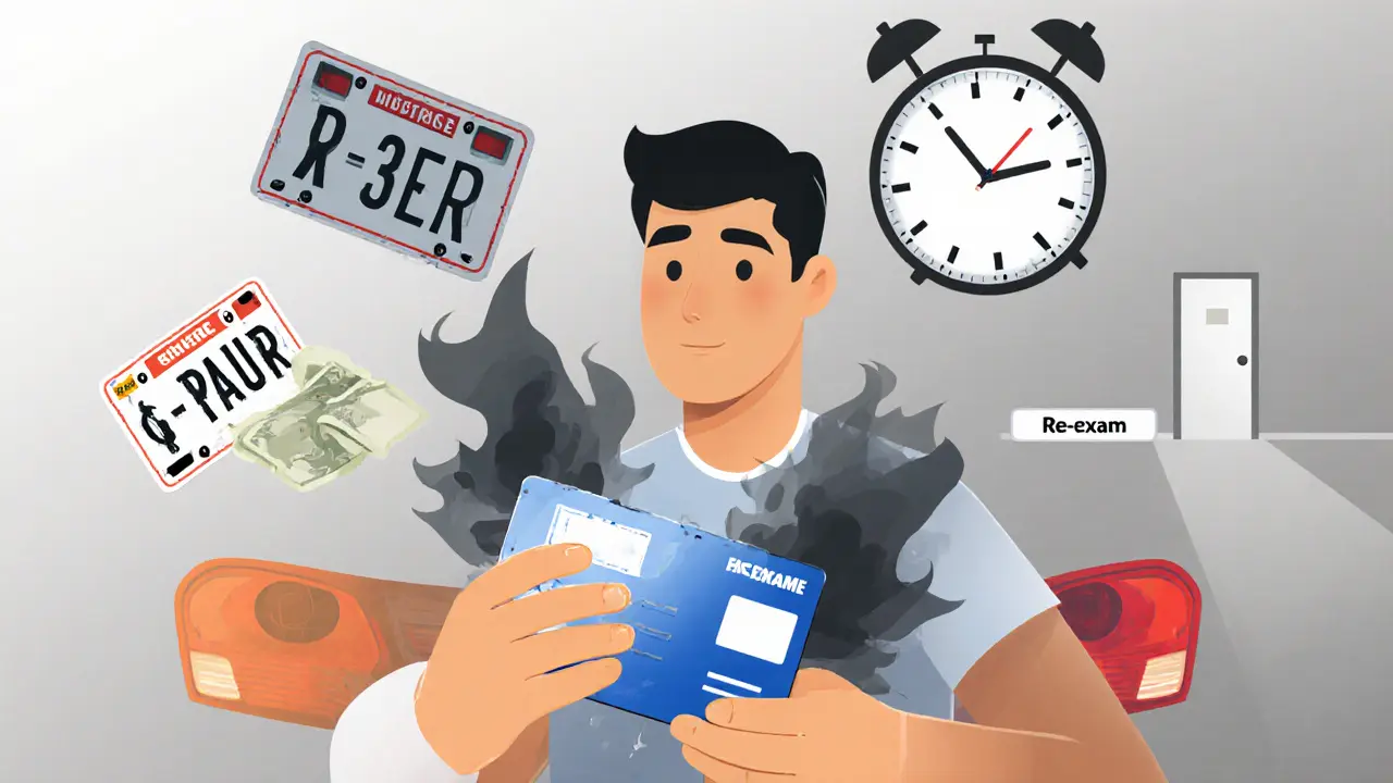 Водитель смотрит, как его права сгорают, вокруг — символы нарушений и срок лишения.