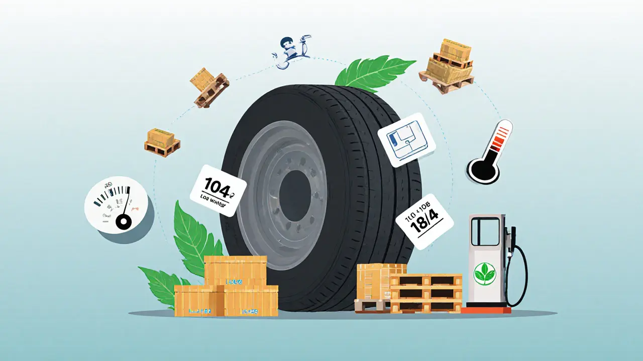 Боковина грузовой шины с индексами нагрузки и символами веса, температуры и экономии топлива.