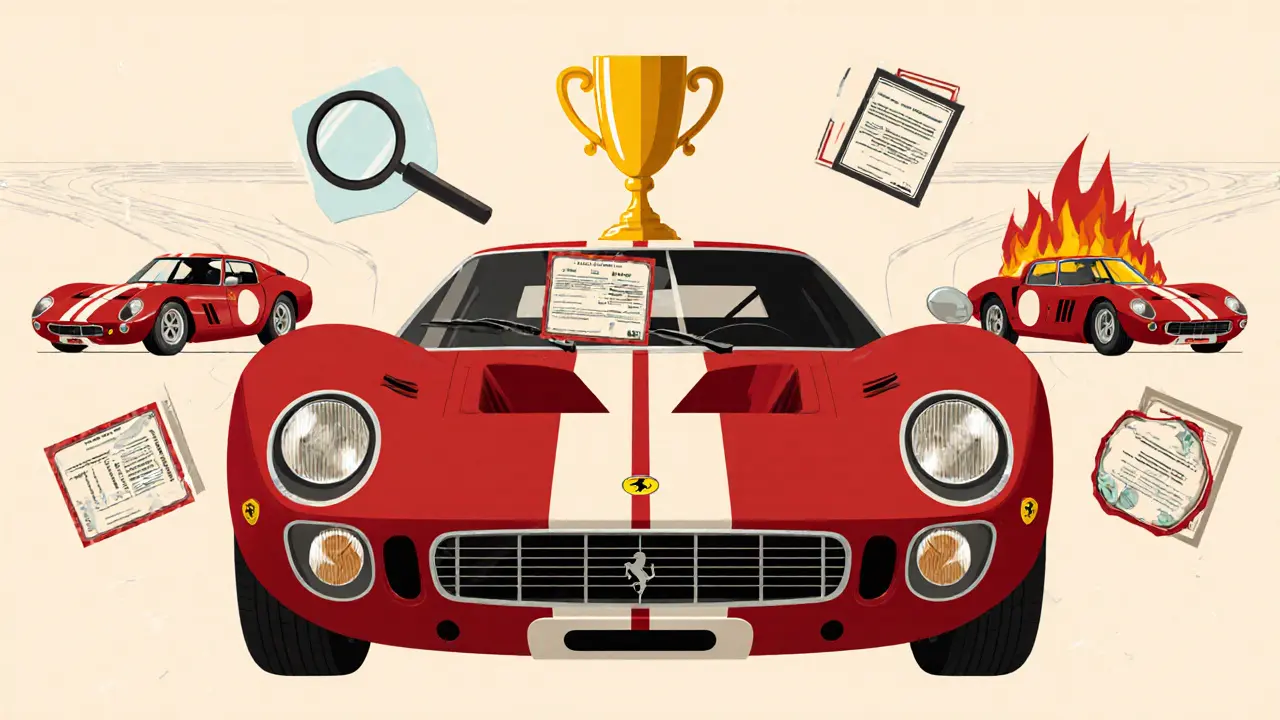 Ferrari 250 GTO с сертификатами и силуэтами утраченных экземпляров, на фоне трассы.