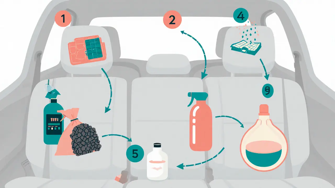 Круговая схема пошагового удаления запахов из автомобильного салона.