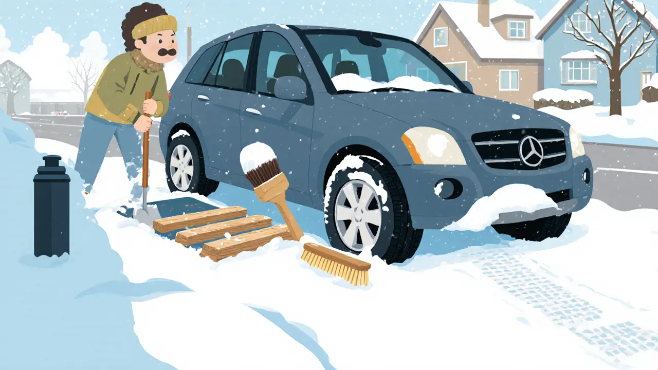 Машина застряла в снегу, водитель очищает снег вокруг колёс, подложил доски для лучшего сцепления.