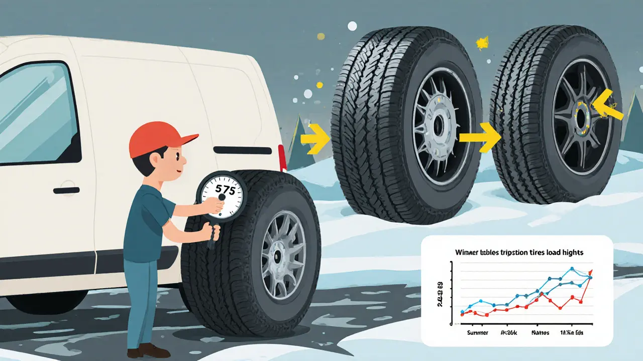 Механик проверяет давление в шине ГАЗели, на фоне — летние и зимние шины с графиком роста индексов.