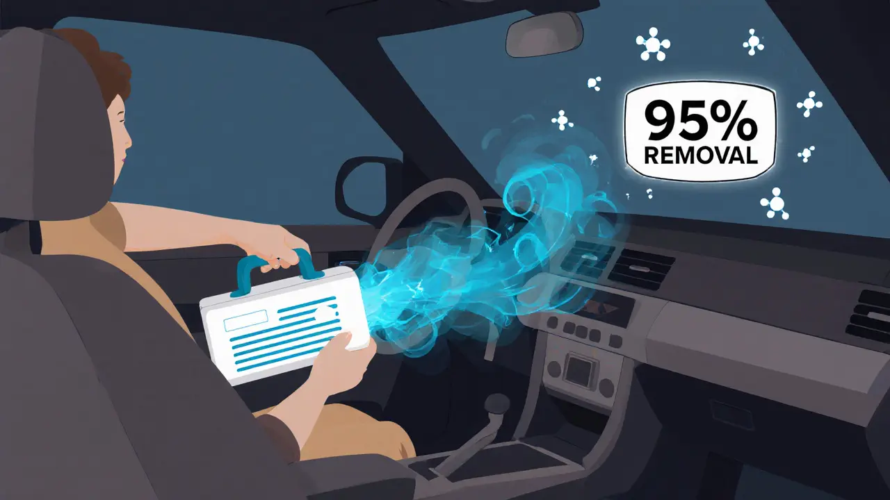 Озонатор в действии внутри машины, разрушающий молекулы запаха.
