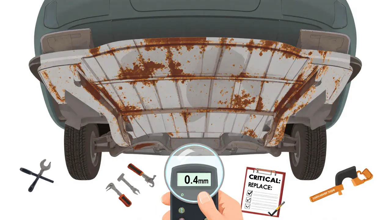 Поперечный разрез кузова с измерением толщины металла ультразвуковым прибором, показывающий коррозию.