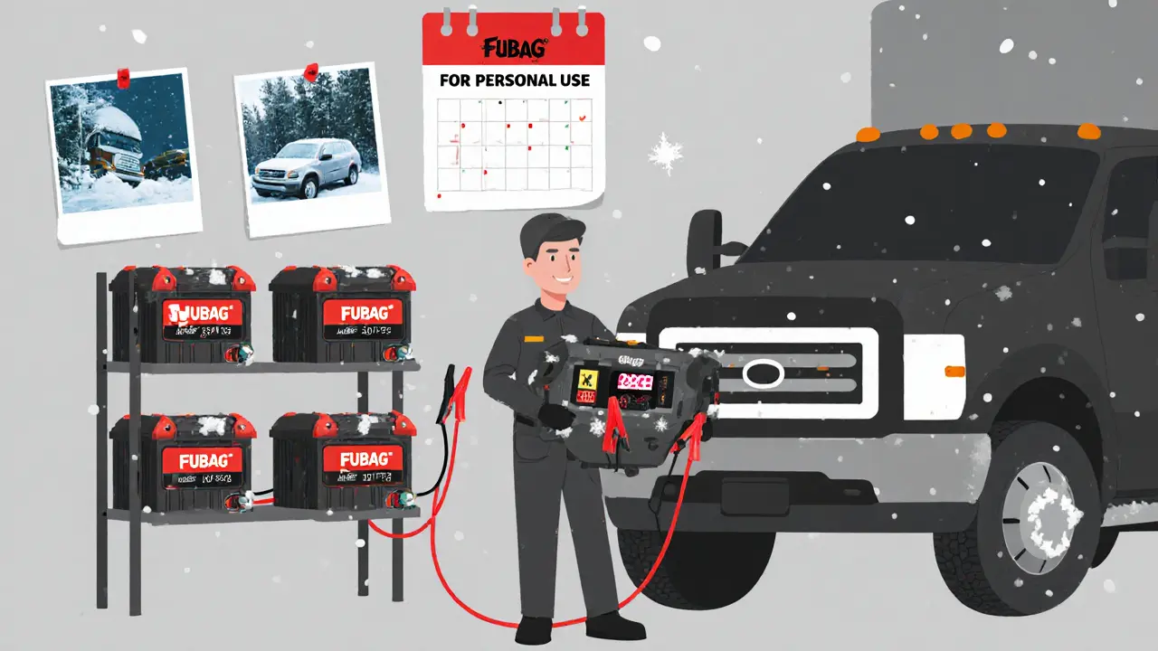 Профессиональный запускатель запускает грузовик в гараже, рядом стоят бытовые модели.