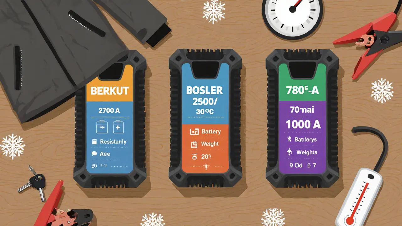 Три портативных запускателя на столе с указанием мощности, ёмкости и температурного диапазона.