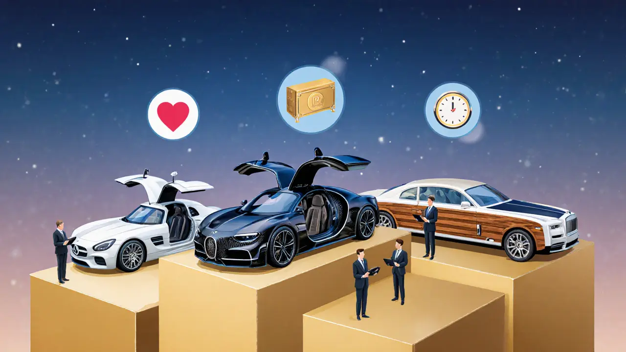 Три редких автомобиля: Gullwing, Bugatti и Boat Tail на аукционном блоке с цифровыми иконками.