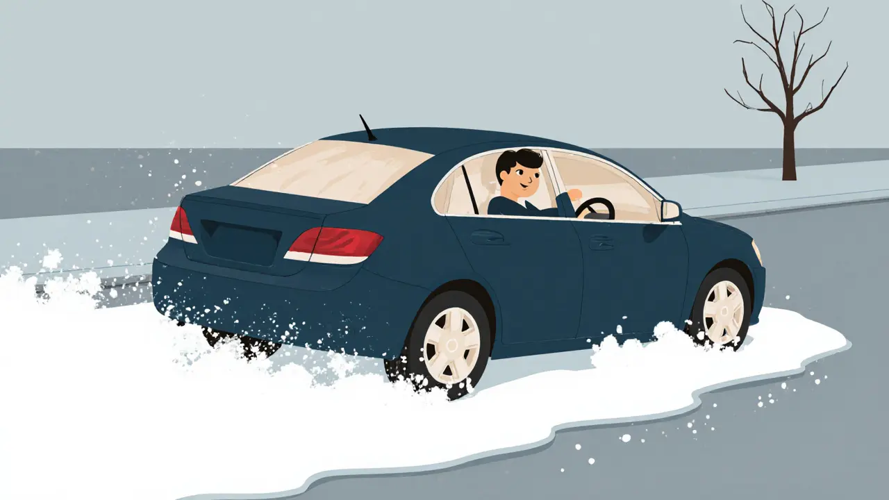 Водитель корректирует занос, поворачивая руль в сторону скольжения, машина под контролем на льду.
