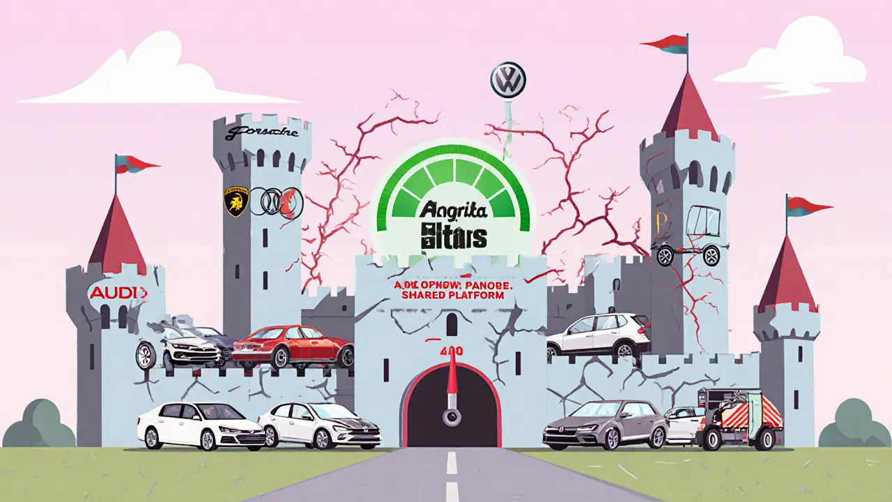 Замок Volkswagen с трещинами, башни брендов, одинаковые платформы и штрафной счётчик