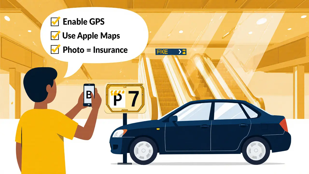 Человек фотографирует номер парковочного места B7 рядом со своей машиной.