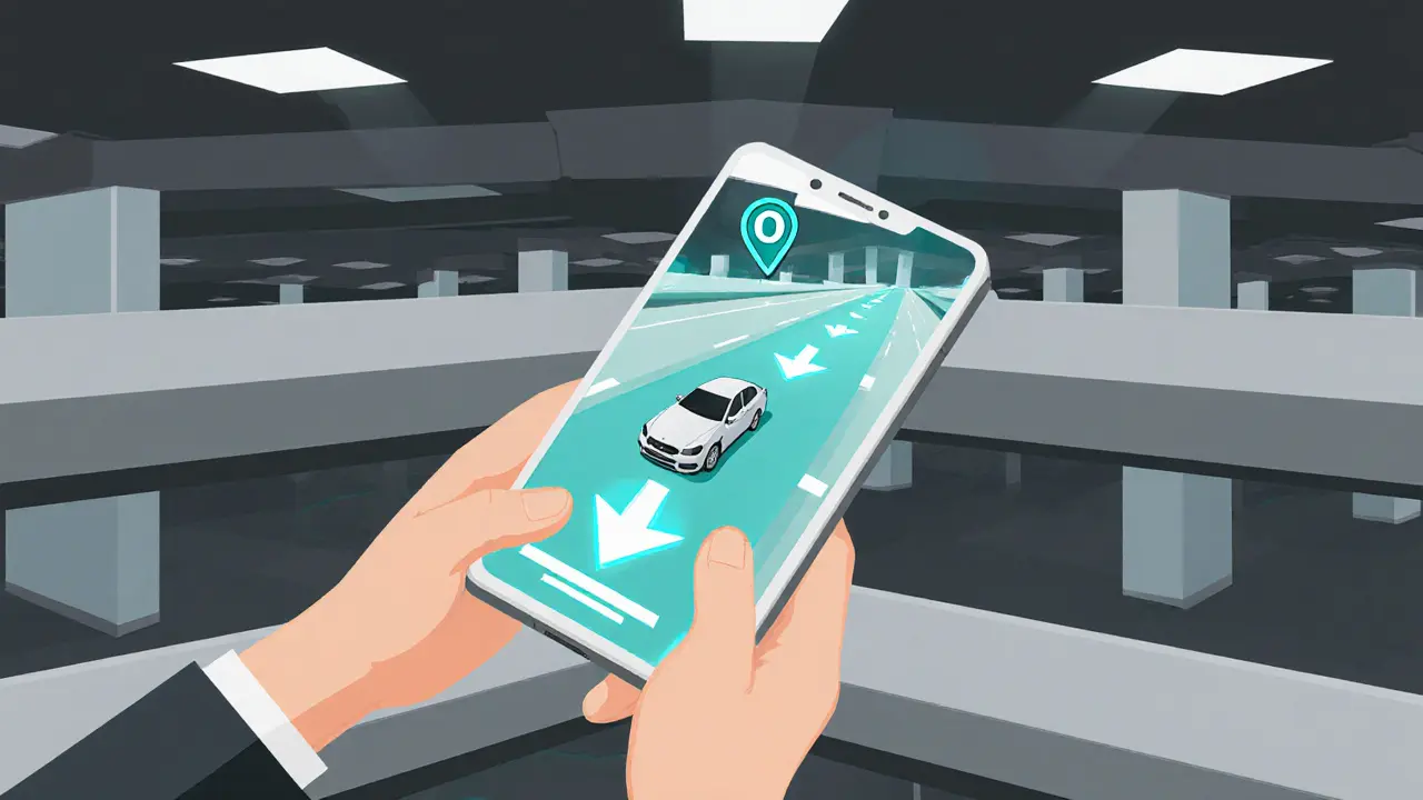 Человек использует дополненную реальность на телефоне, чтобы найти свою машину в подземном паркинге.