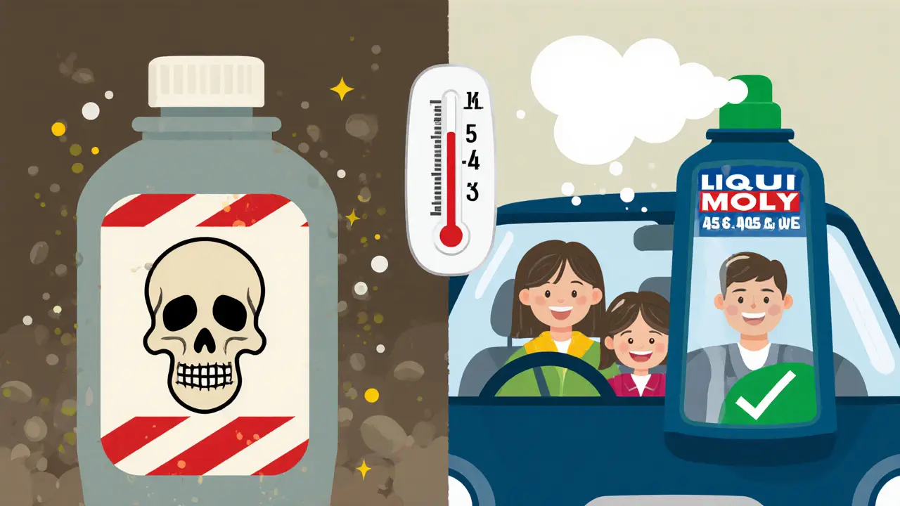 Дешёвая и дорогая незамерзайка: слева — ядовитая бутылка, справа — чистое стекло с семьёй в машине.