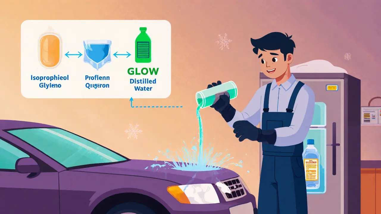 Механик заливает безопасную омывающую жидкость, над ним — схема безопасных компонентов в виде инфографики.