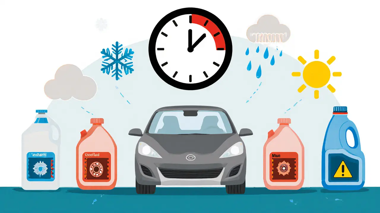 Автомобиль с маркированными жидкостями и часами, показывающими, что тормозная жидкость требует замены через 2 года.